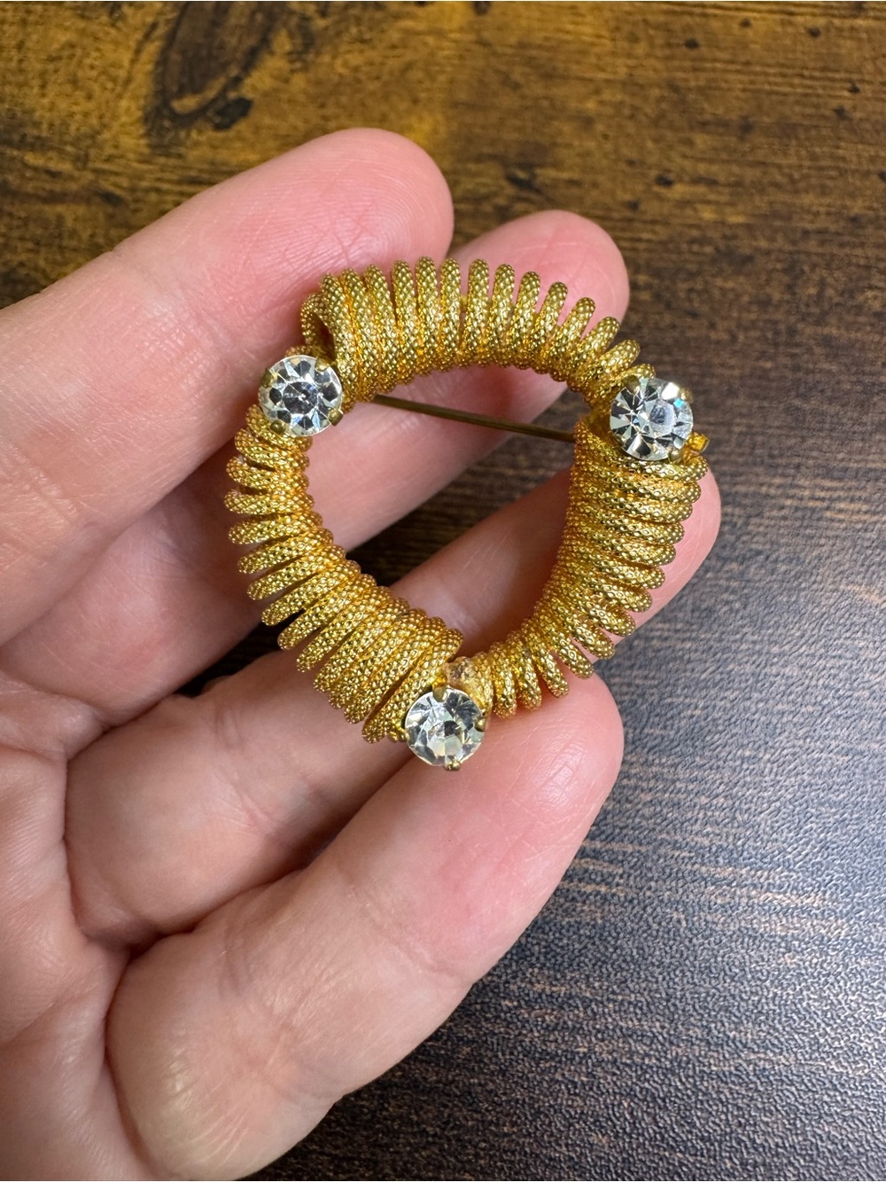 Vintage Gold-Tone Coiled Brooch with Clear Rhinestones